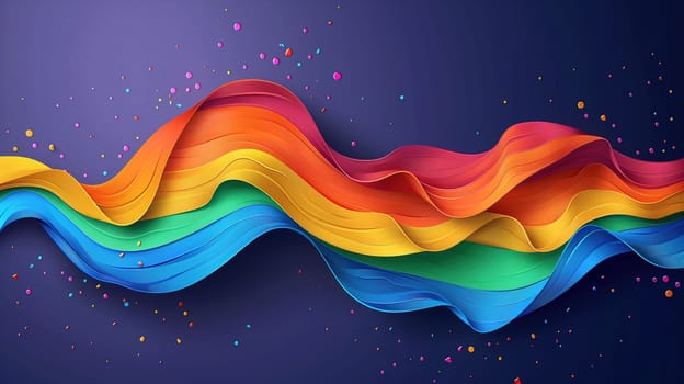 A richly colored, flowing ribbon in the colors of the rainbow stands out against a deep blue backdrop, symbolizing LGBT pride. The undulating waves of the ribbon create a dynamic sense of movement while colorful confetti dots add a festive touch to the celebration of diversity and inclusion.