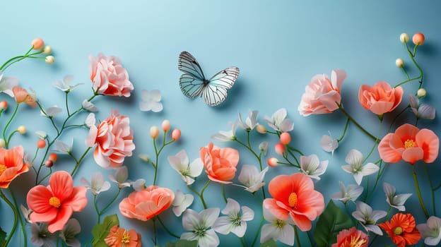 A cluster of vibrant flowers with a colorful butterfly resting among them against a bright blue backdrop.