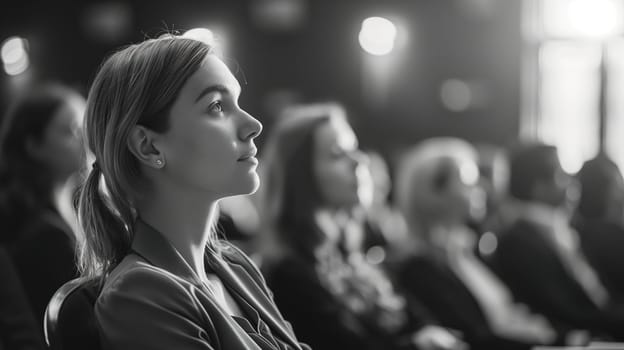 A young woman, dressed in business attire, attentively listens to a speaker at a professional development seminar. She is seated among other attendees in a conference hall setting. Her focused expression suggests engagement with the presentation or speaker.