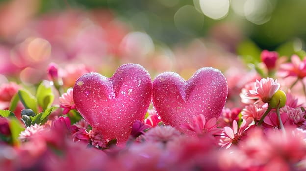 Two pink hearts are positioned in the center of a vast field filled with colorful flowers. The hearts stand out against the sea of blooms, creating a striking contrast in the landscape.