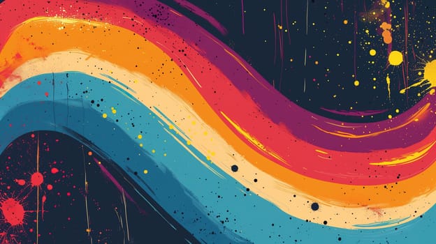 A vibrant multicolored wave rises dynamically against a stark black background in this striking painting. The waves colors blend and flow seamlessly, creating a visually captivating display that embodies the lgbt pride concept.