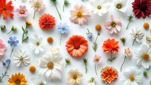 A collection of diverse flowers of different hues, including red, yellow, purple, and orange, placed on a clean white tabletop. The flowers are vibrant and varied in size and shape, creating a visually appealing arrangement.