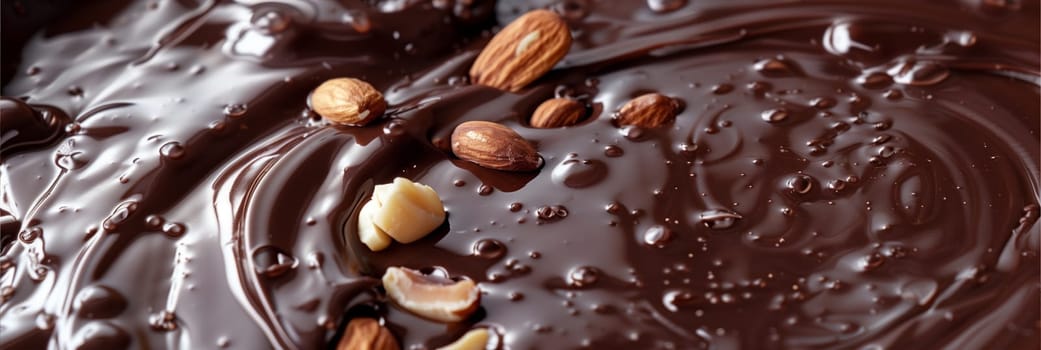 A detailed view of a chocolate cake topped with nuts, showcasing the rich texture and decadent flavor.
