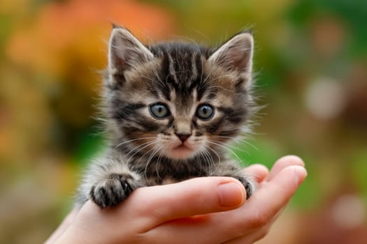 Small kitten is sitting in the palm of someone's hand. Generative AI.