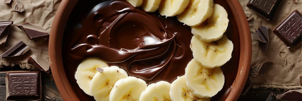 A bowl is filled with sliced ripe bananas and decadent swirls of rich chocolate sauce, creating a sweet and indulgent dessert.