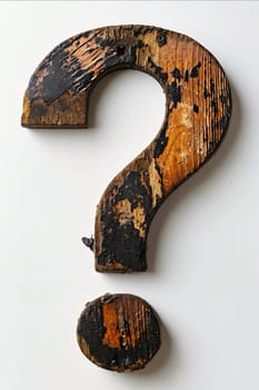 A wooden question mark with a hole in the middle. The question mark is old and has a lot of dirt and grime on it. Generative AI