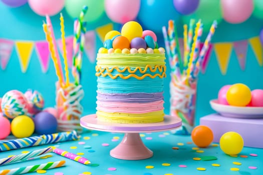Colorful cake with balloons and decorations. Generative AI.