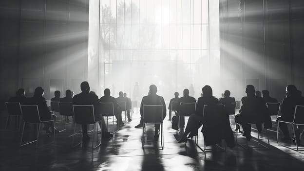 A group of individuals are seated in chairs, engaged in a business meeting or conference. The setting is classic and sophisticated, captured in black and white.