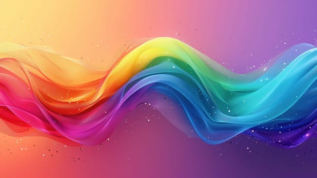 A vivid and fluid rainbow-colored wave flows gracefully across the frame, representing LGBT pride. The background transitions smoothly from warm pinks and oranges to cool blues and purples, enhancing the waves vibrant hues and creating a sense of movement and inclusivity.