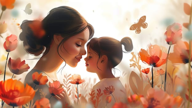 A woman and child are standing in a vibrant field of colorful flowers. The woman is holding the childs hand, both looking out towards the horizon. The sun is shining brightly, casting a warm glow over the scene.