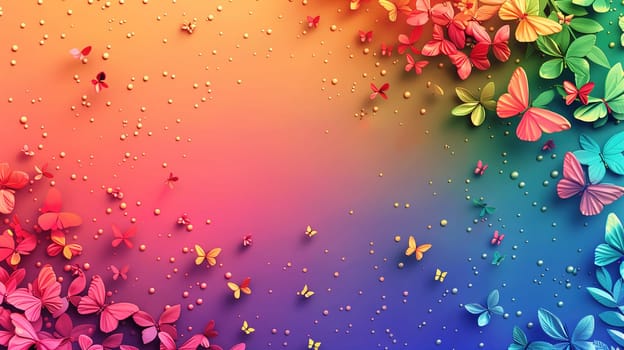 A colorful background filled with numerous fluttering butterflies of various colors and sizes. The butterflies are in motion, creating a lively and dynamic display of color against a soft, blurred backdrop.