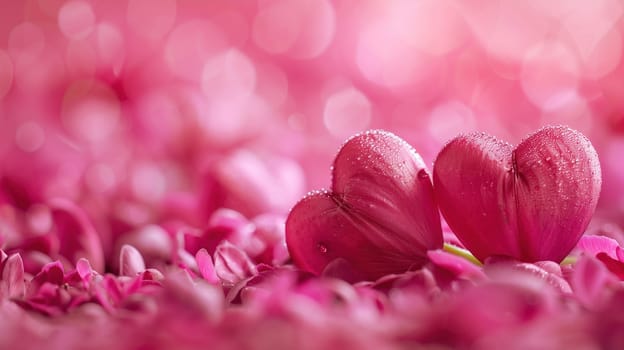 A close-up view captures the delicate arrangement of pink, heart-shaped petals used to adorn the venue for an International Mothers Day concert, conveying a sense of love and appreciation. The soft focus highlights the heart-shaped detail, providing a warm and inviting ambiance for the celebratory event.