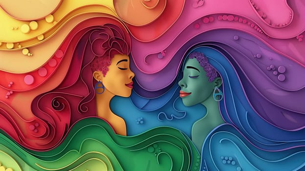 Two stylized women are depicted with their eyes closed, sharing a serene moment against a rainbow backdrop. Their swirls of hair and clothing blend seamlessly into the vivid, undulating patterns that symbolize LGBT pride and diversity.