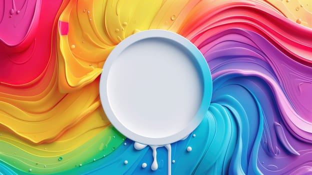 A rainbow-colored background serves as the backdrop for a white round object in the center. The colors of the rainbow contrast with the simplicity of the white object, creating an eye-catching display.