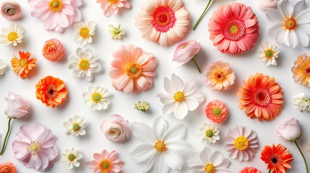 Various colored flowers, including roses, daisies, and tulips, are scattered across a clean white tabletop. Each flower showcases its unique hue and texture, creating a visually appealing display.