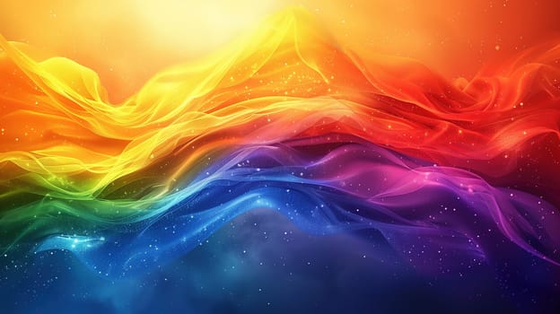 A cascade of vivid hues representing the rainbow flows dynamically, reminiscent of a fabric in motion, symbolizing LGBT pride and diversity with a mix of warm and cool colors merging together seamlessly. The bright and bold colors convey a sense of celebrating identity and unity within the spectrum.