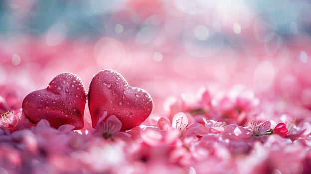 Two hearts placed on top of a vibrant field of blooming flowers, creating a striking contrast of colors and textures against the greenery.