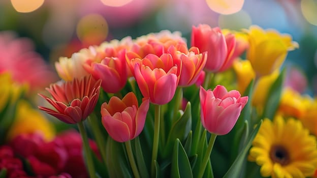 A beautiful assortment of bright pink tulips and yellow gerbera daisies basks in the soft, warm light, creating a dazzling display in celebration of International Mothers Day. The flowers symbolize love and appreciation for mothers around the world on their special day.