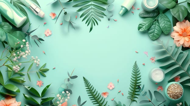 A green background filled with vibrant flowers, lush leaves, and various cosmetics such as lipstick and nail polish. The scene is colorful and lively, with a mix of natural elements and beauty products.