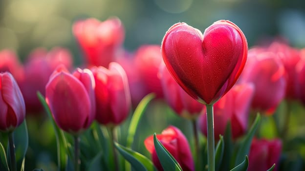 In the field, there is a beautiful display of red tulips, with one standing out as a heart-shaped flower. The tulips are in full bloom, creating a stunning and colorful sight.