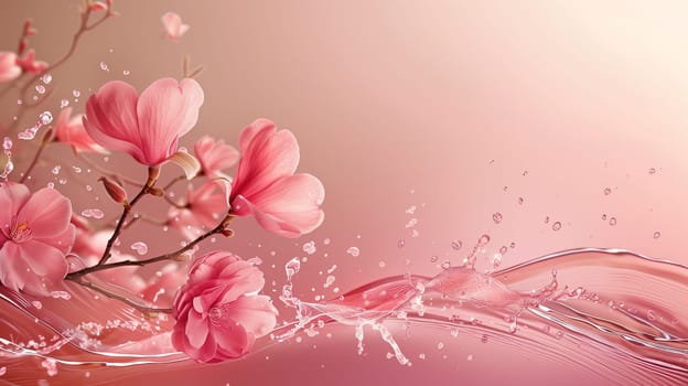 A pink flower is shown in close-up, with water splashing onto its petals. The water droplets create a dynamic and refreshing effect on the delicate flower.