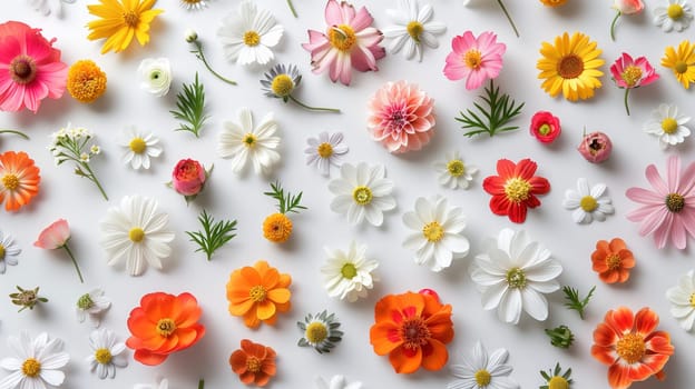 A variety of different colored flowers are scattered across a clean white surface, creating a vibrant and lively display. The flowers showcase a range of colors, shapes, and sizes, adding a pop of color to the white background.