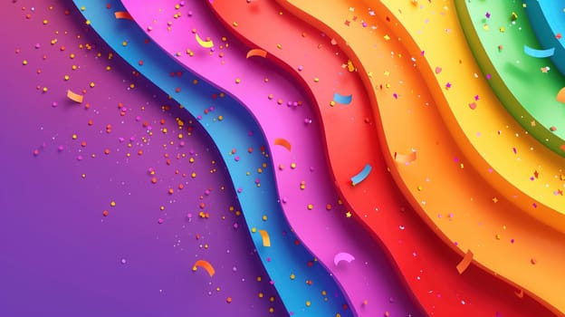 A cascade of vivid rainbow hues undulates in a dynamic wave pattern, symbolizing LGBT pride. Small pieces of confetti in various shapes and colors appear to be scattered across the curving swaths, adding a festive and celebratory feel to the representation.
