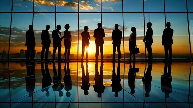 A silhouette of a group of business professionals stands in front of a large window in a modern office building, with the setting sun casting a warm glow and long reflections on the polished floor. They appear to be in a discussion or observing the cityscape as they conclude their workday.