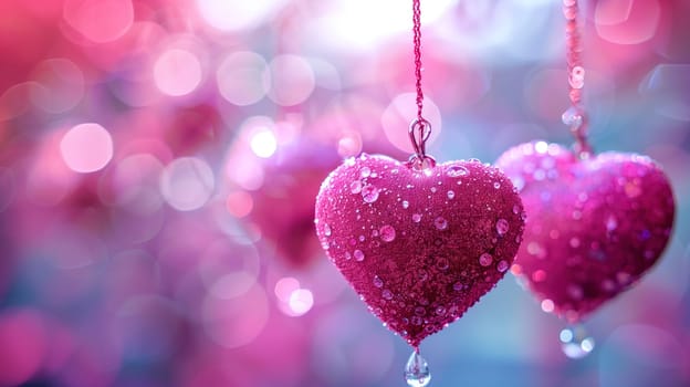 Two heart-shaped decorations embellished with sparkling beads hang against a softly blurred background of pink and purple hues, creating a festive atmosphere for an International Mothers Day concert celebration.