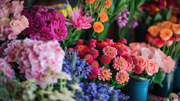 A variety of colorful flowers are neatly arranged in vases on display at the International Mothers Day concert event. The flowers add a touch of beauty and elegance to the venue, creating a cheerful and festive atmosphere.