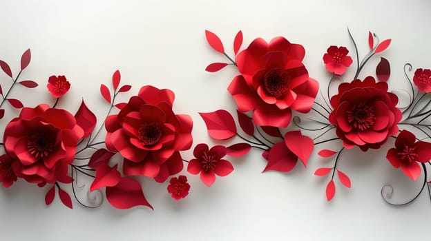 A cluster of vibrant red paper flowers arranged neatly on a pristine white wall. The bold color of the flowers pops against the clean background, creating a striking visual contrast.