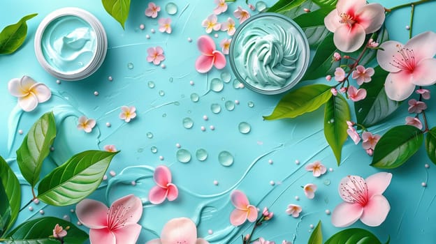 A blue background adorned with delicate pink flowers and vibrant green leaves. The flowers stand out against the blue backdrop, adding a pop of color to the scene.