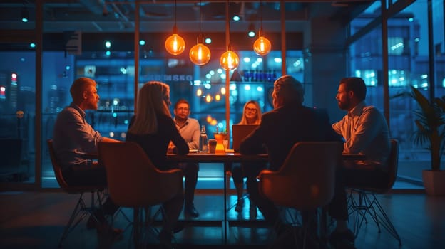 A group of people, likely colleagues or business partners, gathered around a table engaged in discussions or a meeting. They appear focused and attentive to the conversation at hand.