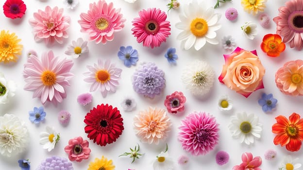 A collection of various vibrant colored flowers scattered on a clean white surface. The flowers exhibit a range of hues, from reds and yellows to blues and purples, creating a visually striking display.