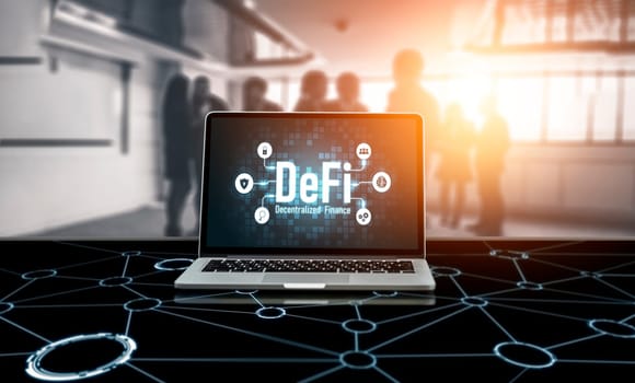 Decentralized finance or DeFi concept on modish computer screen . The defi system give new choice of investment and money saving .
