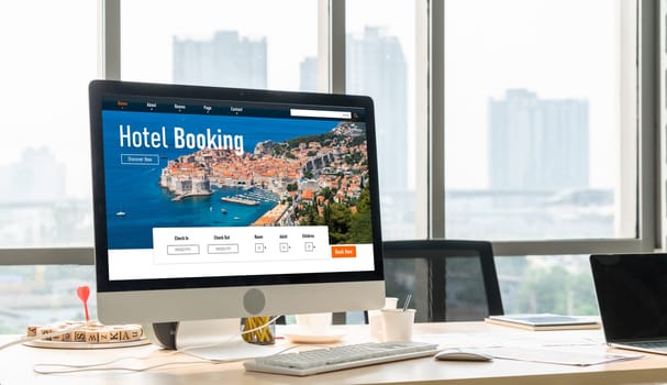 Online hotel accommodation booking website provide modish reservation system . Travel technology concept .