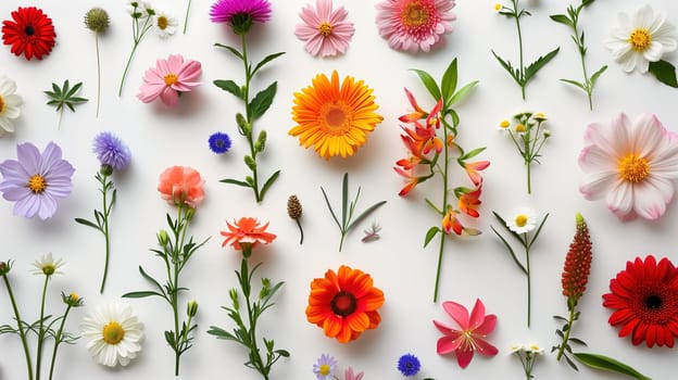 A collection of various vibrant colored flowers spread out on a clean white surface, creating a colorful and lively display. Each flower is unique in color and shape, adding diversity to the composition.