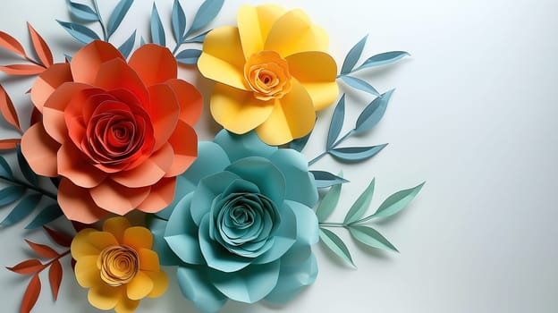 A collection of paper flowers adorning a wall, creating a vibrant and colorful display. Each flower is intricately crafted and arranged, adding a touch of whimsy to the space.