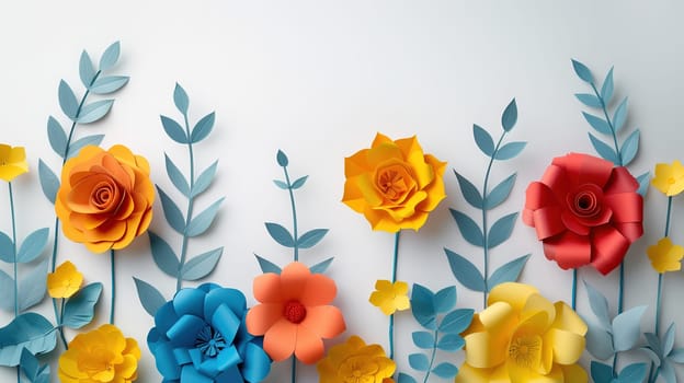 A collection of intricately crafted paper flowers adorns a plain wall, adding color and charm to the space. Each flower is unique in design, creating a visually appealing display.