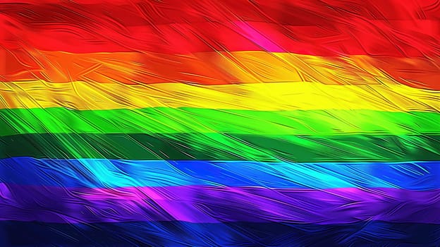 A vivid and colorful rainbow flag, symbolizing LGBT pride, appears to ripple or wave, capturing the essence of diversity and inclusivity. The flags fabric showcases a spectrum of colors each representing different facets of the LGBT community.