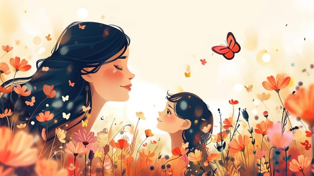 A woman and a child are standing in a field filled with colorful flowers. The child looks up at the woman, who is holding their hand, both surrounded by natures beauty.