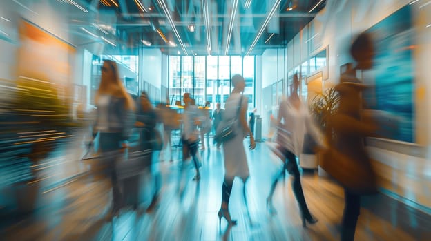 A blur of active professionals moves through a sleek, modern office corridor, signaling a bustling work environment. The dynamic movement of the people suggests a fast-paced business setting. Cool tones and architectural lines emphasize the contemporary design of the workplace.