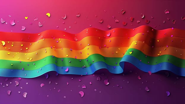 A strikingly colorful rainbow flag ripples softly, embodying LGBTQ pride on a rich purple backdrop. Small droplets and confetti-like specks adorn the flag and surface, enhancing the celebratory mood symbolizing diversity and inclusion.