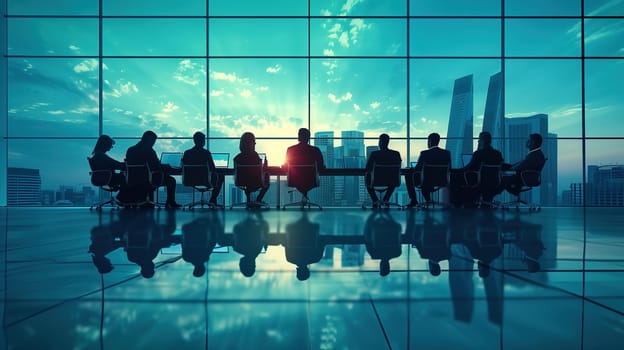 A group of silhouetted business professionals is seated in a conference room with a large glass window, showcasing a stunning city skyline bathed in the colors of the setting sun. The reflections on the polished floor enhance the solemn atmosphere of the corporate gathering.