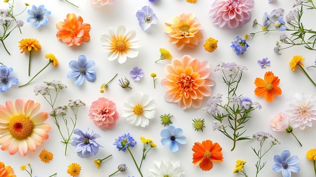 A variety of different colored flowers are scattered across a white surface. Each flower boasts vibrant hues and unique petal shapes, creating a visually striking display.