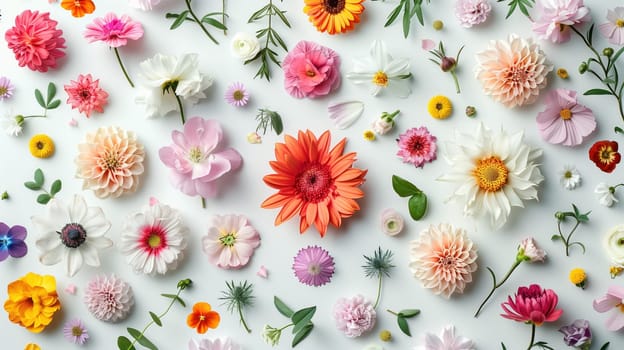 A variety of colorful flowers, including roses, tulips, daisies, and sunflowers, are scattered on a clean white surface. The flowers create a lively and cheerful display with their different shapes and hues.