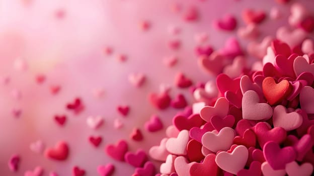 Numerous pink and red hearts are scattered across the air, creating a festive and joyous atmosphere for an International Mothers Day concert celebration.