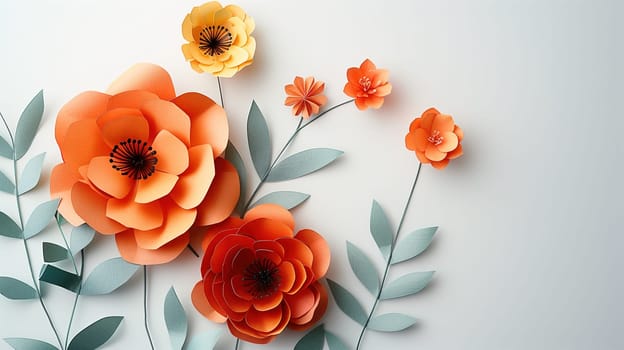Various paper flowers are neatly arranged on a white surface, creating a colorful and decorative display. The flowers are meticulously placed in a pattern, adding a touch of brightness to the scene.