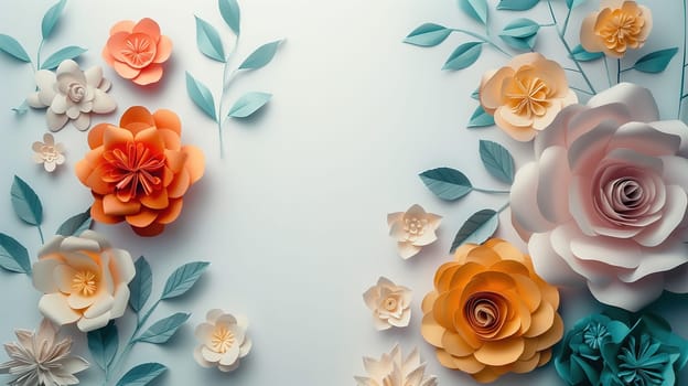 A detailed view of intricately crafted paper flowers arranged on a wall, showcasing their vibrant colors and delicate petals. Each flower is carefully placed, creating a beautiful and decorative display.