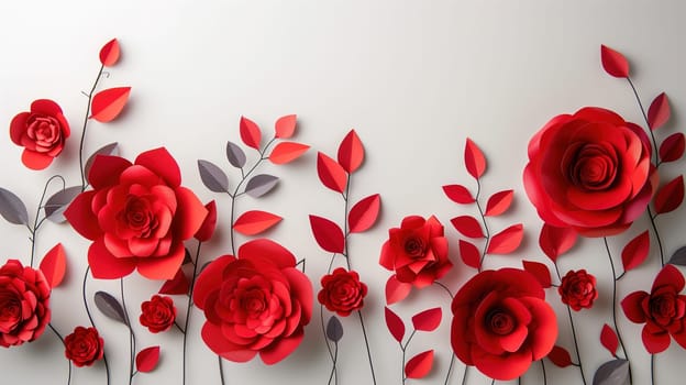 A collection of vibrant red paper flowers arranged neatly against a white wall, creating a striking visual contrast. The flowers are varied in size and shape, giving a dynamic and lively feel to the setting.